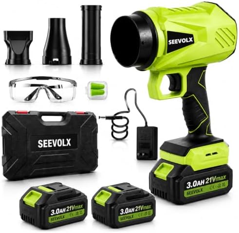 SEEVOLX Cordless Leaf Blower with 2 x 21V 3.0Ah Batteries & Charger-980,000 RPM 750 CFM Turbo Jet Blower, Lightweight Handheld Blower with 3 Nozzles for Lawn Care, Leaves & Car Drying, Green