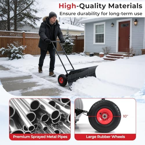 Goplus 29"x16" Snow Pusher, Snow Shovel with Wheels for Doorway, Sidewalk