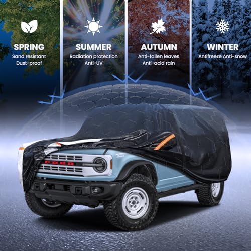 Multi-Layer Car Cover Custom Fit for Ford Bronco 4 Door(2020-2026, No Fit Sport/2 Door), 100% Waterproof All Weather for Automobiles, Heavy Duty Car Covers for Rain Sun UV Protection with Door Zipper