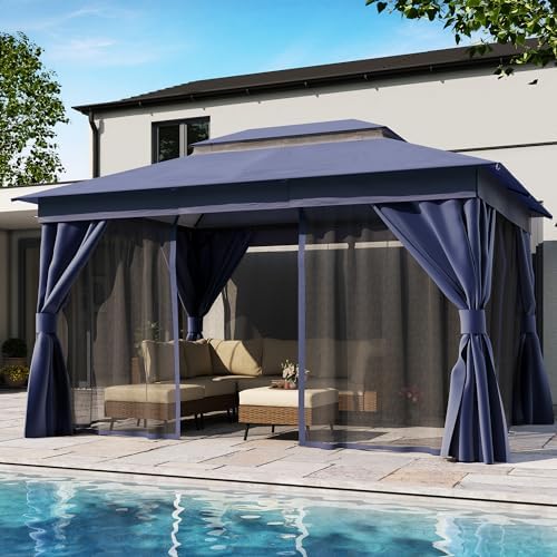 LAUSAINT HOME 10x12 Gazebo Canopy with Netting, Curtains & Double Roof