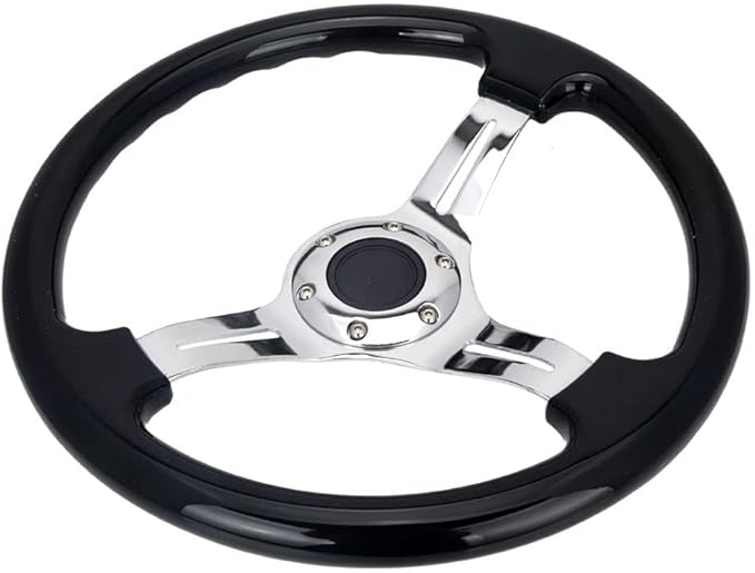 Classic Black Car Racing Steering Wheel Chrome Silver Spokes 14" Flat Dish Sports Wood Grain Steering Wheel Anti-slip with Horn Button
