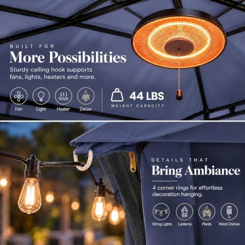 LAUSAINT HOME 12x12 Gazebo with Lights, Netting, Curtains & Double Roof