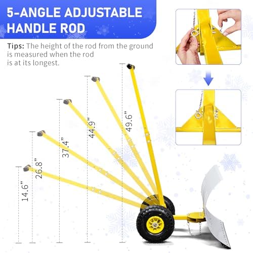 VINGLI Snow Pusher Shovel with Wheels, 29" Adjustable Ergonomic T-Handle Snow Plow for Driveway, Heavy Duty Wheeled Rolling Shovels for Snow Removal, Angle Adjustable (White & Yellow) (29"x18")
