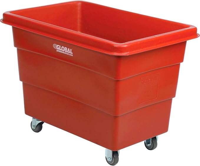 Global Industrial 8 Bushel Plastic Bulk Box Truck, Direct Mount Base, 500 lbs. Capacity, 3" Non-Maring Rubber Casters, Red, 33-3/10"L x 24-3/5"W x 27-2/5"H