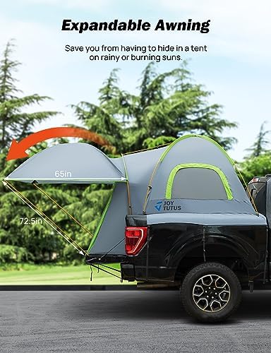 JOYTUTUS Pickup Truck Tent 6.5ft Bed Tent with Removable Awning, Waterproof PU2000mm Double Layer for 2 Person, Portable Truck Bed Tent - Green, Aluminum Pole
