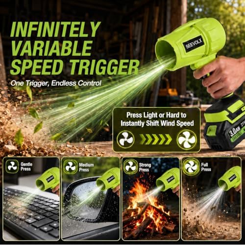 SEEVOLX Turbo Jet Cordless Leaf Blower with 2 x 21V 3.0Ah Batteries & Charger, 700 CFM Lightweight Handheld Blower, 800,000 RPM High Speed Motor, 50+ m/s Air Speed for Lawn, Leaves, Dust & Car Drying