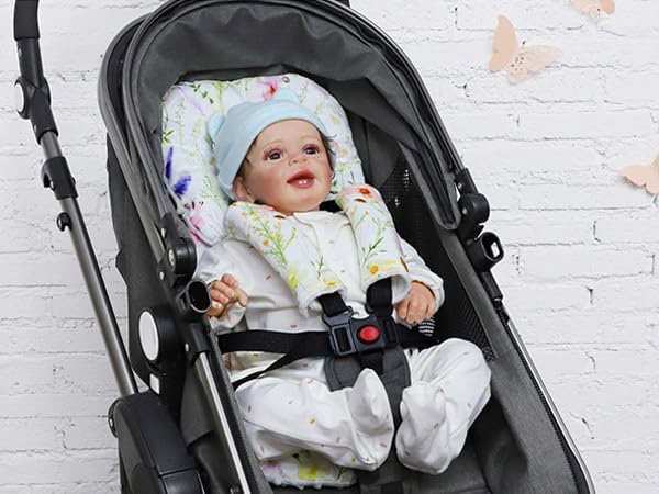 Infant Car Seat Insert, Car Seat Head Support Baby Girls Boys, Soft & Reversible Newborn Carseat Insert Cushion with 2 Strap Covers, for Stroller, Swing, Bouncer (White Wildflowers)