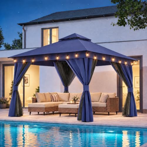 LAUSAINT HOME 10x10 Gazebo with Lights, Netting, Curtains & Double Roof