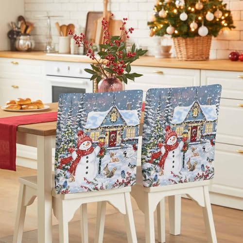 Christmas Snowman Chair Back Covers Set of 6 Xmas Tree Farmhouse Snowflake Washable Removable Chair Cover Slipcover Protector for Dining Room Hotel Party Holiday Decor