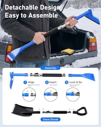 helloleiboo 47.6" Snow Shovel and Snow Brush, Extendable, Interchangeable Heads