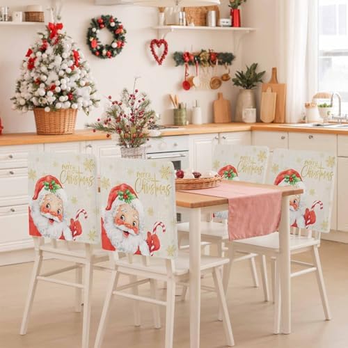Merry Christmas Chair Back Covers Set of 6 Santa Claus Xmas Gold Snowflake Linen Texture Washable Removable Chair Cover Slipcover Protector for Dining Room Hotel Party Holiday Decor