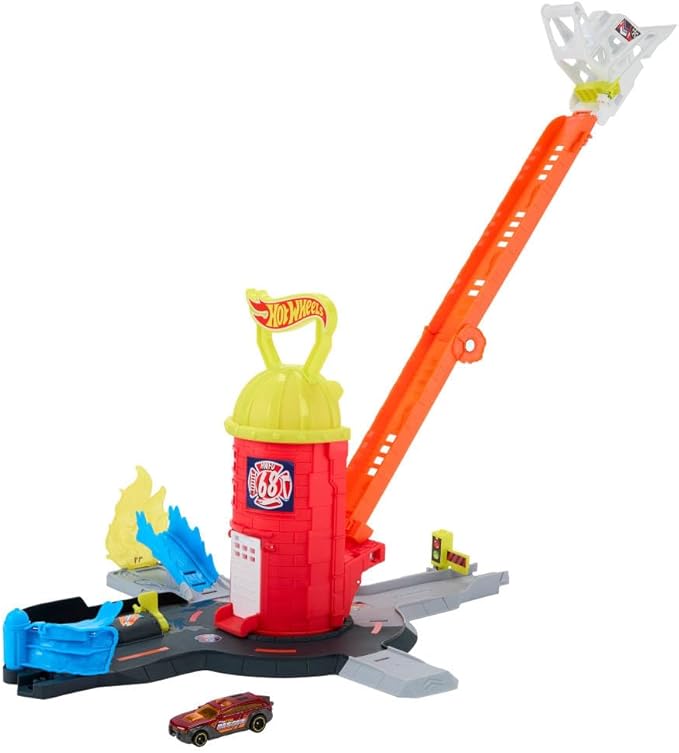 Hot Wheels Toy Car Track Set, City Super Fire Station Rescue Playset & 1:64 Scale Fire Truck, Ladder-Track Extends 16”, 4 Different Exits, Easy Storage
