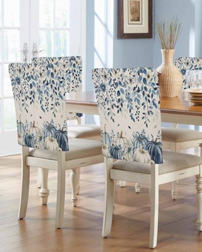 Blue Pumpkin Chair Back Covers Set of 8 Thanksgiving Fall Eucalyptus Leaf Floral Linen Washable Removable Chair Cover Slipcover Protector for Dining Room Hotel Party Holiday Decor