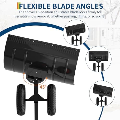 Large Black Wheeled Snow Shovel for Driveway - Heavy Duty Adjustable Snow Pusher with 5-Position Angle & Height Handle - Ergonomic Design for Back-Save Effort Snow Removal, 30" W x 18" H