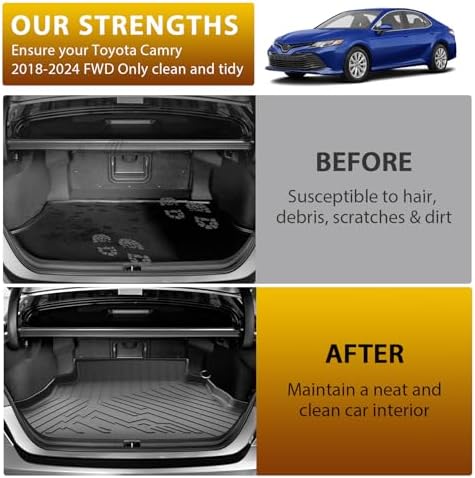 Powerty Floor Mats Cargo Liner for Toyota Camry 2018-2024 FWD Only (Not Fit Hybrid or AWD) All Weather 3D TPE Anti-Slip Car Protection, 1st & 2nd Row Set with Rear Cargo Mat Accessories