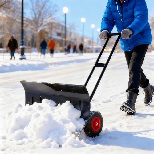 Garvee Large 30in W Heavy Duty Snow Shovel with Ergonomic Handle for Driveway, Push Snow Plow Shovel with Adjustable Handle, Angled Blade and Wheels, Snow Removal for Driveway, Courtyard