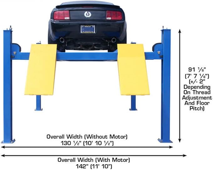 ATLAS Automotive Equipment 414 Commercial Grade 4-Post Vehicle Lift, 10’ Minimum Height, 14,000lb Capacity, Extra Tall/Wide/Long, Diamond Plated Runways, Air Operated Single Point Lock Release, 220V