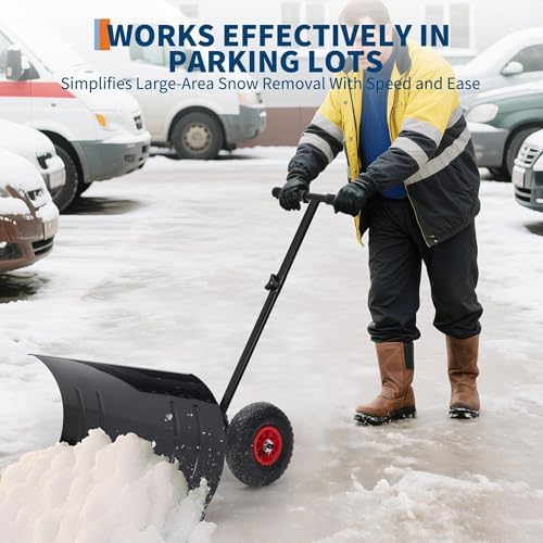 Garvee Heavy Duty Steel Snow Shovel Pusher with Wheels for Driveways, 29In Wide Push Snow Plow Shovel, Adjustable Handle, Angled Blade, Efficient Snow Removal for Easy Driveway & Pavement Clearing