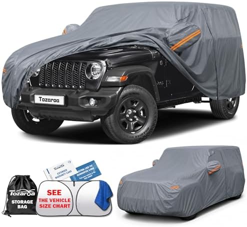 Jeep Wrangler 4 Door Cover Waterproof All-Weather,Outdoor Full Exterior SUV Car Cover for Wrangler JKU JLU(2007-2026),with Windshield Sun Shade,Towel&Storage Bag,Size J4 (See SizeChart)