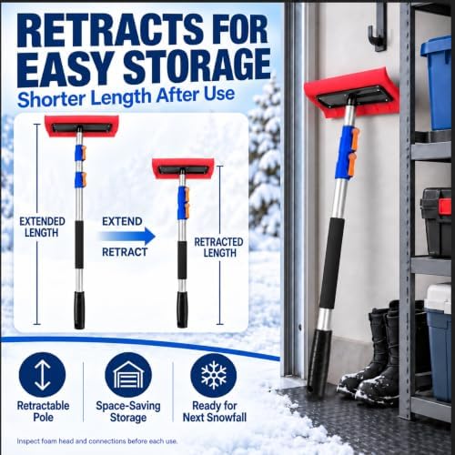 Roof Snow Rake, 5-12 Ft Aluminum Pole, Foam Pad for Roofs