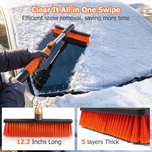 DMJN [2026 Upgrade Extendable Car Snow Brush and Ice Scraper [3-in-1] Clean Snow, Ice and Frost, 45''Adjustable Length with 360° Rotating Brush Head, Suitable for All Cars-Medium