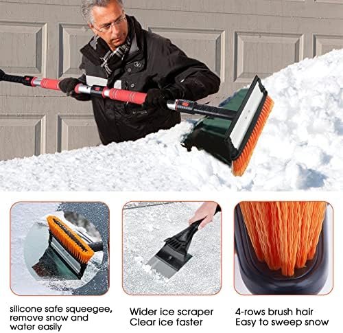 FOVAL 62.4" Extendable Ice Scraper Snow Brush with Squeegee for Windshield Window Car Trucks SUVs, 270° Pivoting Brush Head, Essential Winter Tool Ice Snow Remover with Comfortable Foam Grip