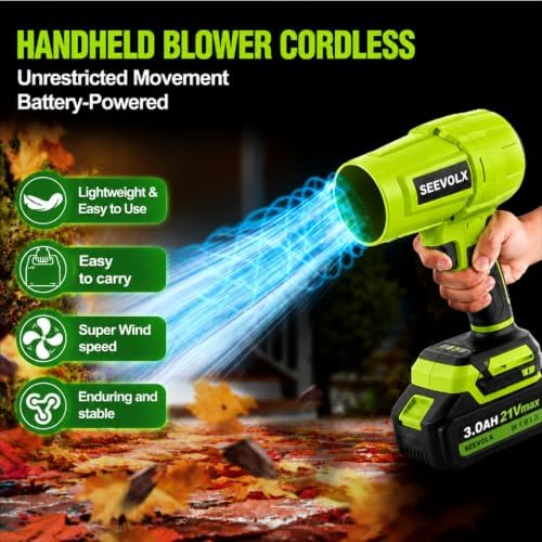 SEEVOLX Cordless Leaf Blower with 2 x 21V 3.0Ah Batteries & Charger-980,000 RPM 750 CFM Turbo Jet Blower, Lightweight Handheld Blower with 3 Nozzles for Lawn Care, Leaves & Car Drying, Green