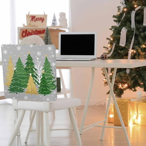 Christmas Tree Chair Back Covers Set of 8 Winter Snowflakes Stars Green Gold Tree Grey Bottom Washable Removable Chair Cover Slipcover Protector for Dining Room Hotel Party Holiday Decor