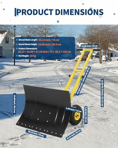 TrailBlaze Heavy Duty Rolling Snow Shovel with Wheels – 29x20 Extra Wide Metal Blade – Adjustable Angle & Height Ergonomic Handle – Anti-Slip Pneumatic Tires – Ideal for Driveways, Sidewalks,