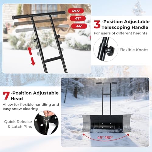 Goplus 29"x16" Snow Pusher, Snow Shovel with Wheels for Doorway, Sidewalk