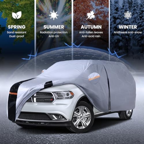 Multi-Layer Car Cover Custom Fit for Dodge Durango(1998-2026), 100% Waterproof All Weather for Automobiles, Gift with Towel, Heavy Duty Car Covers for Rain Sun UV Protection with Door Zipper