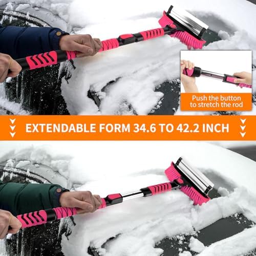METOWARE 44" Ice Scraper and Snow Brush for Car Windshield, Extendable Heavy Duty Ice Remover with 360° Pivoting Head for SUV Truck, Ergonomic Grip, Pink
