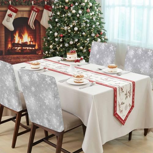 Grey Christmas Snowflake Chair Back Covers Set of 8 Winter Shinny White Stars Retro Washable Removable Chair Cover Slipcover Protector for Dining Room Hotel Party Holiday Decor