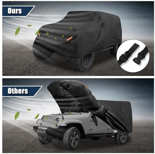 X AUTOHAUX Car Cover for Jeep Wrangler JK JL YJ TJ 4 Door 2007-2021 Outdoor Waterproof Sun Rain Dust Wind Snow Protection w/Driver Door Zipper Black