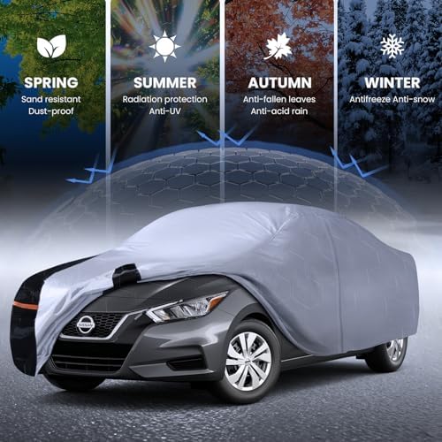 Multi-Layer Car Cover Custom Fit for Nissan Versa (2019-2026), 100% Waterproof All Weather for Automobiles, Gift with Towel, Heavy Duty Car Covers for Rain Sun UV Protection with Door Zipper.
