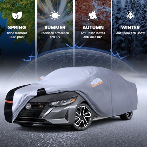 Multi-Layer Car Cover Custom Fit for Nissan Sentra(1999-2026), 100% Waterproof All Weather for Automobiles, Gift with Towel, Heavy Duty Car Covers for Rain Sun UV Protection with Door Zipper
