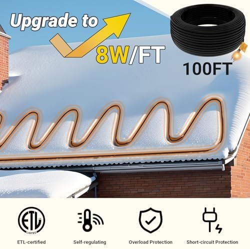 100FT Heat Tape for Roof and Gutters, 8W/FT Roof Snow De-Icing Kit w/ 45PCS Clips & Spacers, Self-Regulating Heat Cable, Roof Heat Tape for Ice Dam & Pipe Freeze Prevention, 120V, LED Plug