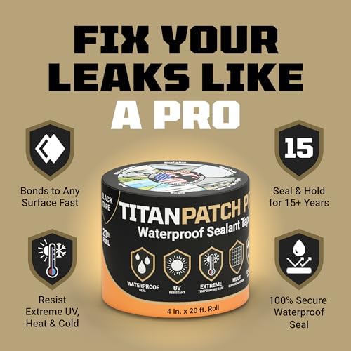 TITANPATCH PRO Waterproof Sealant Tape – Black 4" x20' – Stops Leaks Fast & Stays Sealed for 15+ Years – Sticks to RVs, Roofs, Pools, Boats, Gutters – Built for Harsh Weather (-40°F to 190°F)