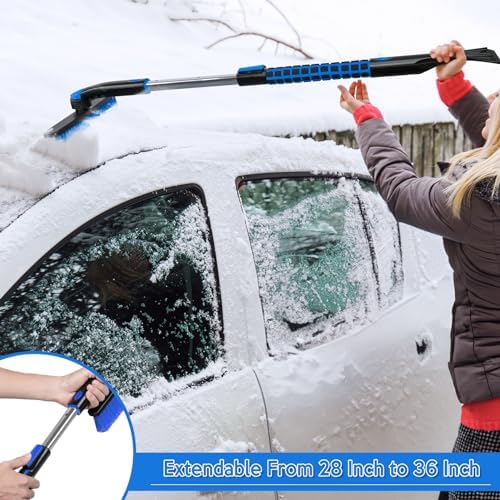 COFIT 36" Car Snow Brush with Ice Scraper 2 in 1, Extendable Cleaning Kit Long Handle, Windshield Snow Removal Tool Scratch Free, SUV Truck RV Window Roof Exterior Wash Supplies, Blue