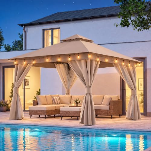 LAUSAINT HOME 10x10 Gazebo with Lights, Netting, Curtains & Double Roof