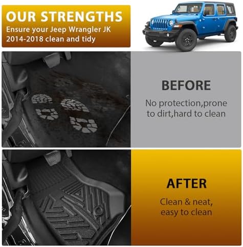 Powerty Floor Mats for Jeep Wrangler JK 2014-2018 Unlimited 4-Door (NOT for JL or 2-Door) All Weather 3D TPE Anti-Slip Car Liners for 1st & 2nd Row Accessories