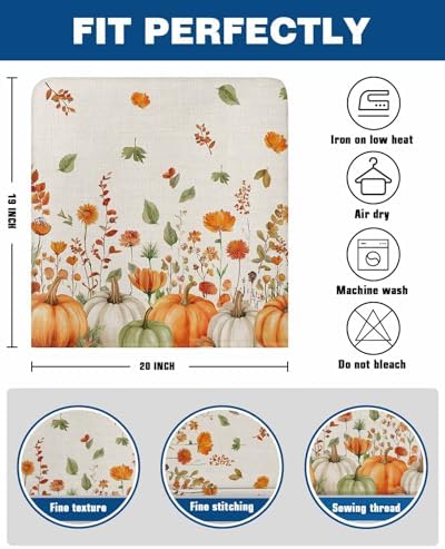 Thanksgiving Orange Pumpkin Chair Back Covers Set of 6 Wildflowers Leaves Watercolor Linen Texture Washable Removable Chair Cover Slipcover Protector for Dining Room Hotel Party Holiday Decor