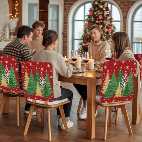 Christmas Tree Chair Back Covers Set of 8 Winter Snowflakes Stars Green Gold Tree Watercolor Red Bottom Washable Removable Chair Cover Slipcover Protector for Dining Room Hotel Party Holiday Decor