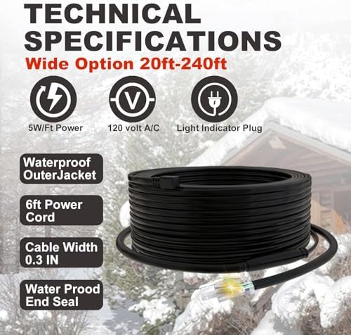 TDRD 20FT Roof & Gutter De-Icing Cable, 5W/ft