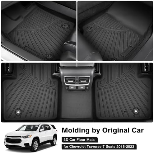 Powerty Floor Mats for 2018-2024 2025 Chevy Chevrolet Traverse 7 Seater (Only for with 2nd Row Bucket Seat) All Weather 3D TPE Anti-Slip Car Protection Liners for 1st & 2nd & 3rd Row