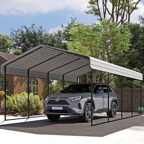 Real Relax 12x20ft Metal Carport, Heavy Duty Garage Outdoor Galvanized Car Shelter Canopy with Metal Frame for Car, Boats and Truck, Cream White