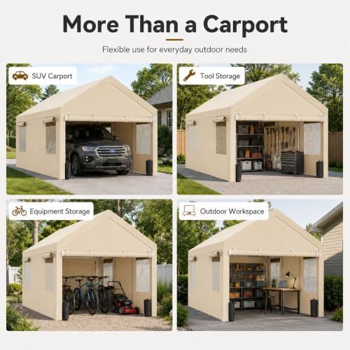 Nuturelly 12x20 Heavy Duty Carport, Portable Garage for Truck SUV, Khaki