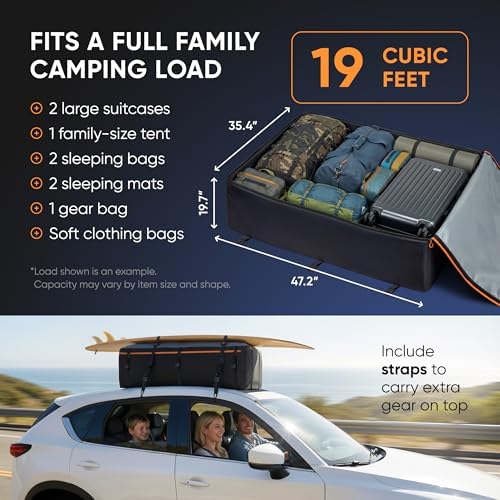 19 Cubic Feet Roof Bag – Safety Tested Heavy-Duty Waterproof Rooftop Cargo Carrier for All Cars & SUVs (with or Without Rack) – Includes Protective Mat & Storage Bag – Military-Grade 840D PVC