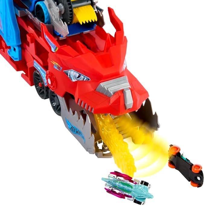 Hot Wheels City Toy Car Track Set, Ultimate Dual Dragon Transporter & 2 Die-Cast Cars, Large-Scale Dragon & Detachable Dragon, Stores 20+ Vehicles
