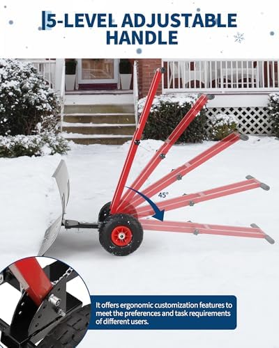 TrailBlaze Heavy Duty Rolling Snow Shovel with Wheels – 29x20in Wide Adjustable Angled Metal Blade – Ergonomic Double Handle – 5-Position Height – Durable Carbon Steel – Ideal for Driveways, Sidewalks